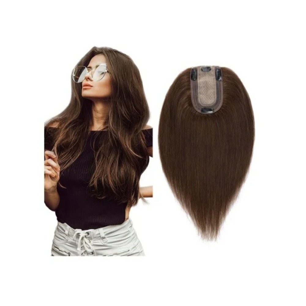 SEGO 6in Remy Human Hair Topper Medium Brown #4 Anti-Slip Clips No Bangs